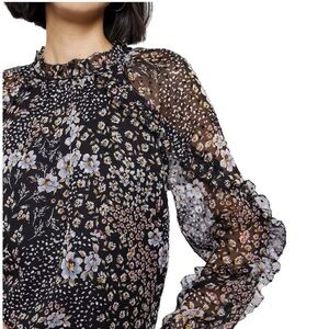 LOFT black floral mock neck blouse - ruffle detail  - long sleeve - Women’s XS